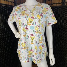 Looney Tunes Scrub Top Women's M Tweety Bird Christmas Holiday Festive Print