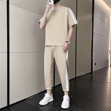 Men Summer Outfit 2-Piece Set Short Sleeve Shirt and Pants Sweatsuit Set