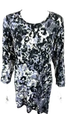 LOGO by Lori Goldstein Tunic Top XL Animal Print Rayon Angled Hem Black 3/4 Slv