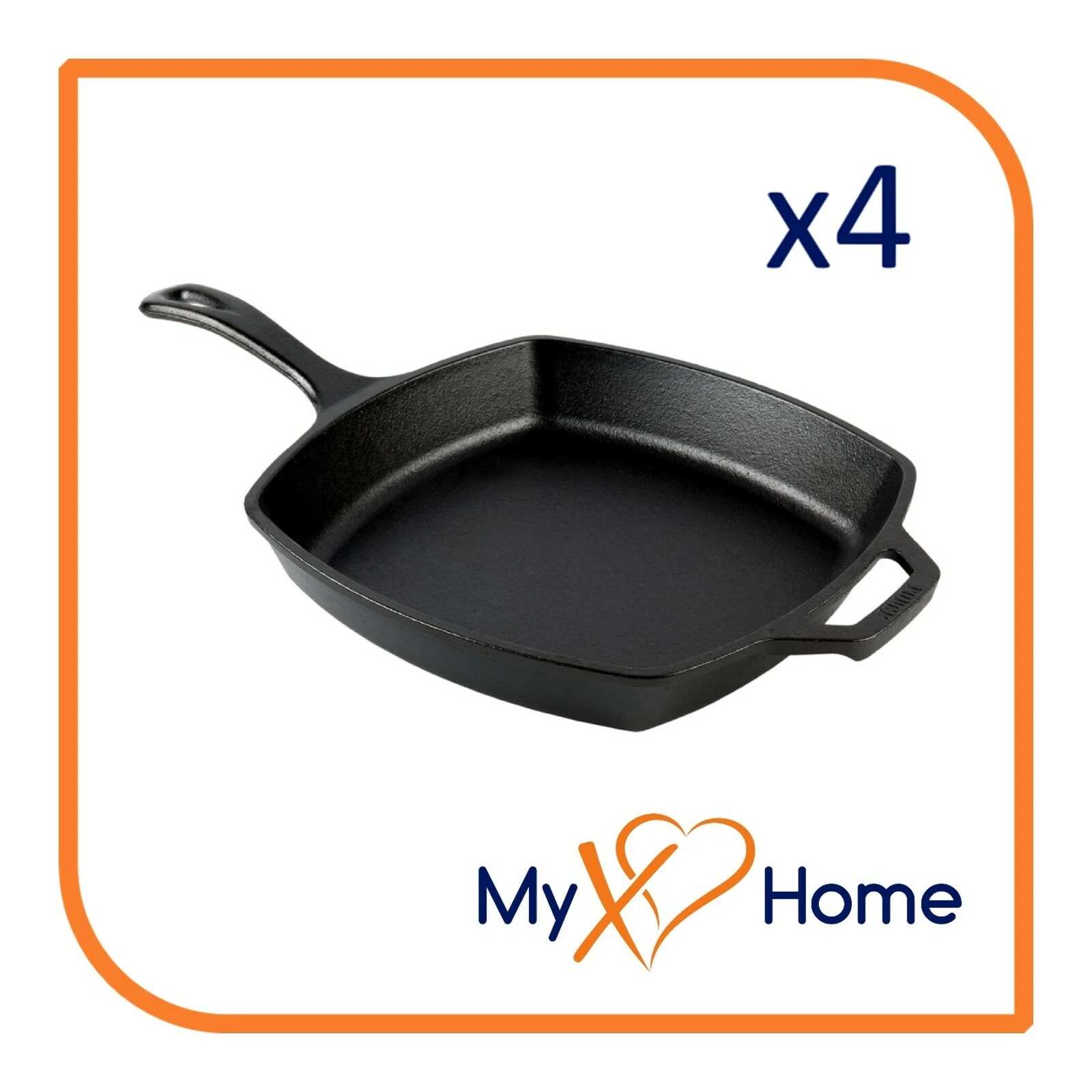 10 1/2" Square Pre-Seasoned Cast Iron Skillet with Helper Handle (4 Skillets)