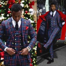 British Style Men's Plaid Suits 3 Pieces Slim Fit for Wedding Evening Party Wear