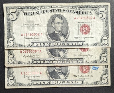 U.S. $5 Five Dollar Red Seal Well Circulated Condition One Note