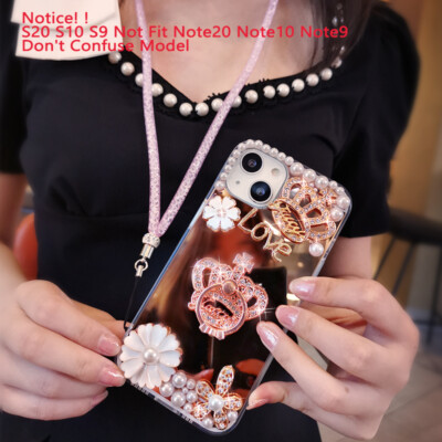 For Samsung S22 S21 S20 S10 A53 A32 Note20 Diamond Bling Crown Mirror Stand Case
