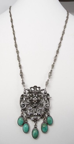 Antique Peruzzi 800 Silver Cherub Dbl Tailed Mermaid Shield Chrysoprase Necklace - Picture 5 of 5