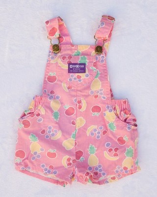 Vtg 90s Oshkosh Girls Pink Cherry Pineapple Fruit Shortall Short
