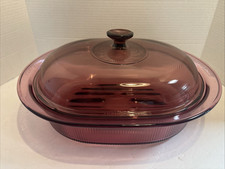 Vintage Corning Visions PYREX Cranberry 4 Qt Oval 15" Roaster & Lid V-34-B USA
