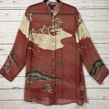 CITRON Santa Monica Silk Tunic Size XL Asian Inspired Art-To-Wear Sheer Blouse