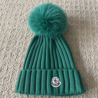 Moncler Green Hat Beanie With Faux Fur Pom Pom Women
