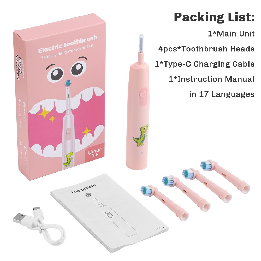 Kids Rotating Electric Toothbrush Cartoon Rechargeable w/4 Brush Heads 3 Modes
