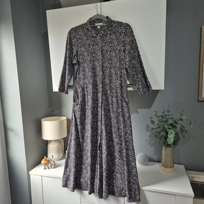 White Stuff Rua Navy Patterned 3/4 Sleeve Button Up Jersey Midi Dress Size 12