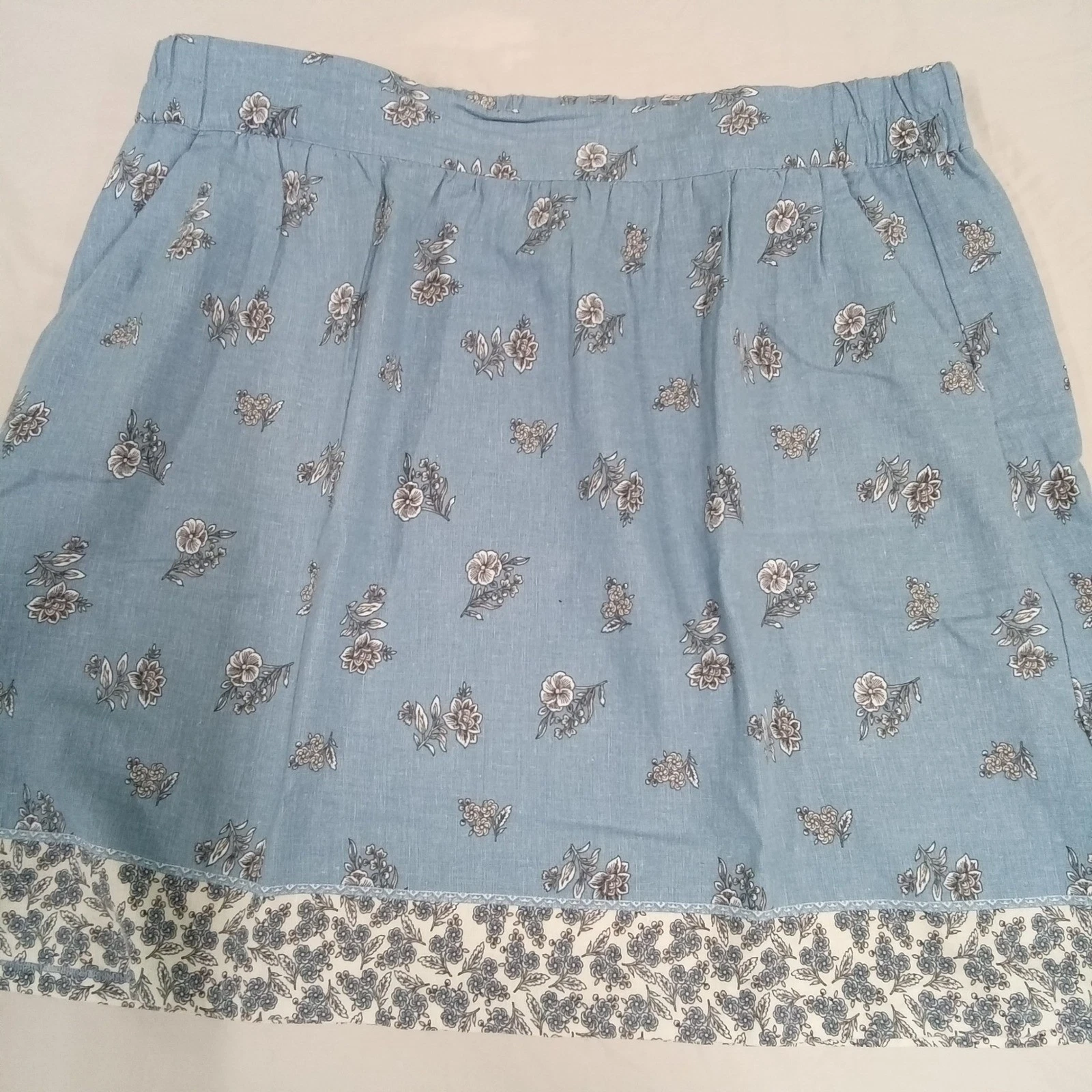 LOFT Outlet Skirt XL Blue Floral Linen Rayon Pocket Elastic Waist Back