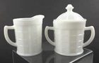 Milk Glass Cream And Sugar Covered Dish Set Hazel Atlas Colonial Block Lid Vtg