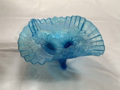Vintage Aqua Blue Peacock  Feather Glass Compote Bowl Ruffled Edge Footed 10 