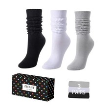 Slouch Scrunch Socks for Women - Knee Tube Socks for White Grey Black 3 Pairs