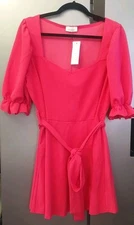 Yours Hot Pink Mini Skater Dress Womens UK20 EU48 US16 Puff Sleeve Belted Lolita