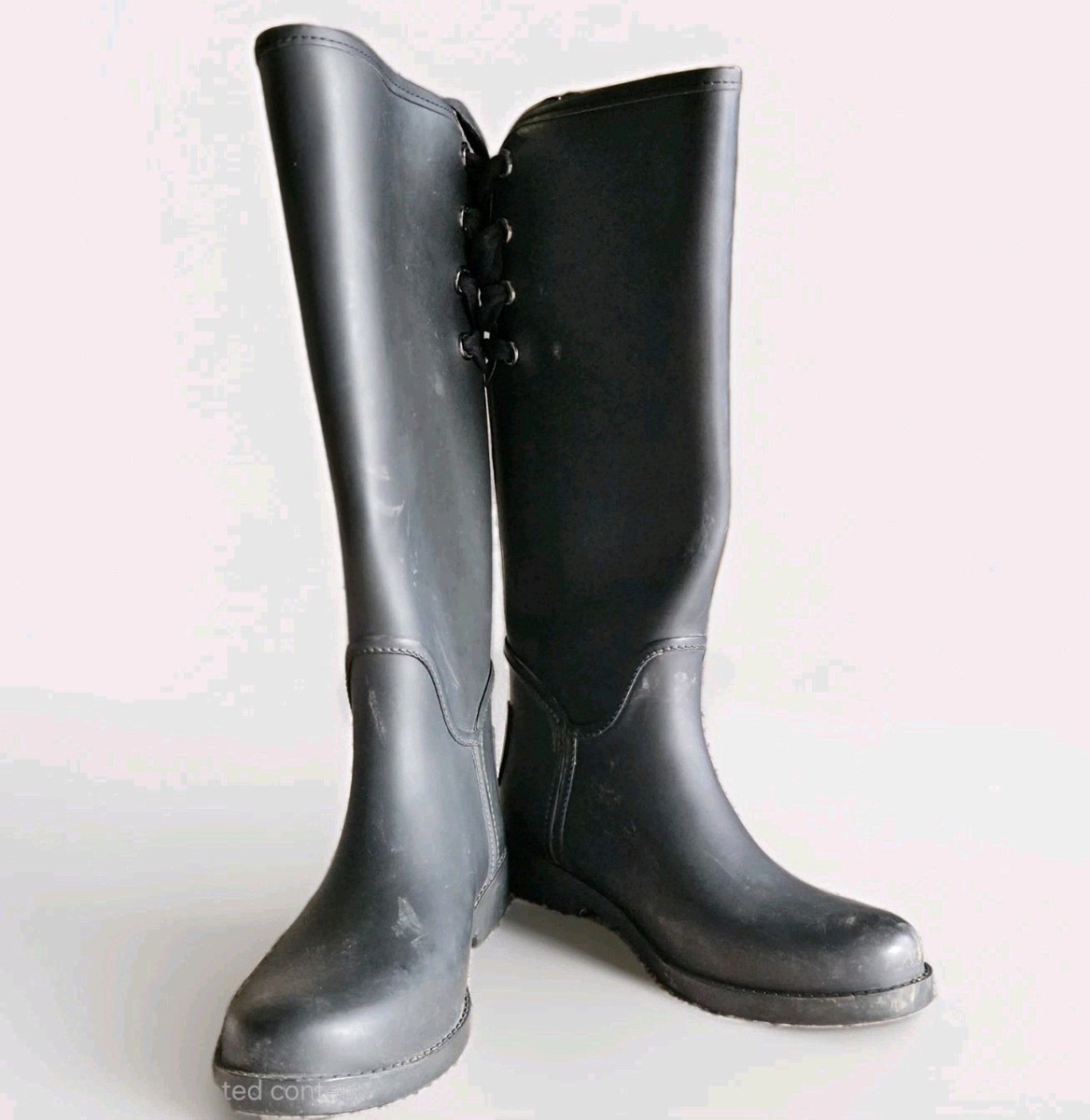 Coach Tristee Knee High Black Lace Up Rain Boots Faux Fur Lined