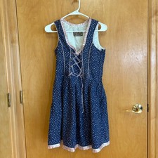 Trachtl Dirndl Dress Women Size 40 Blue Star Print Pink Trim Pinafore Style