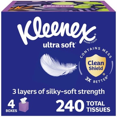 Kleenex Ultra Soft Facial Tissues, 4 Cube 60 Tissues (Pack of 4), White 