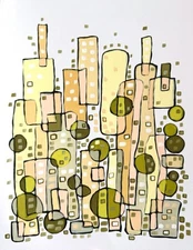 Abstract Summer City Art original gouache painting modern signed