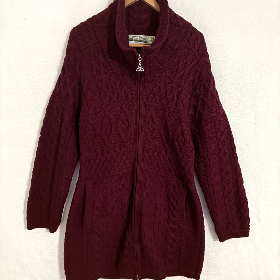Cárdigan largo suéter de lana merino Aran Crafts Ireland para mujer L cremallera tejido abrigo Foto 2 de 4