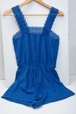 Vtg Terry Romper Playsuit Lace Trim Straps Pinup Blue Terrycloth Size L Coverup