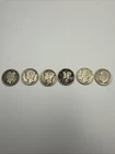 6 US Silver Dime Lot- 1909 Barber, 4 Mercury Dimes, 1947 Roosevelt- 90% Silver