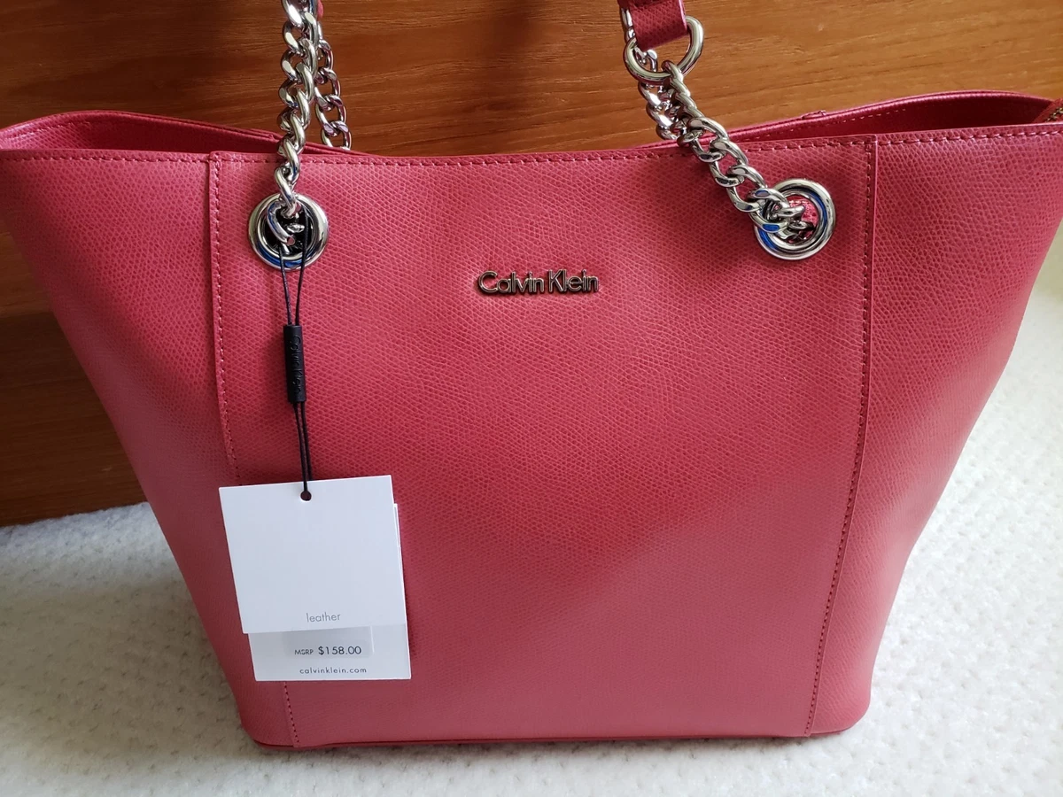 NWT Calvin Klein L Kitote Saffiano Leather Logo Tote Bag in Magenta Pink