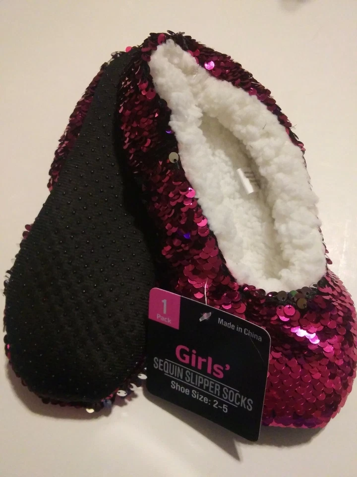 Calcetines deportivos con lentejuelas abatibles para niñas - Rosa intenso/plateado de piel sintética - Zapato L/XL Talla 2-5 Foto 4 de 4