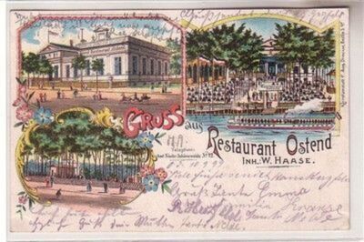 61315 Postcard Lithograph Greeting from Restaurant Ostend near Nieder Schöneweide 1899