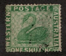 1861 Western Australia Sc# 24, p15, Wmk 82, 1sh, Green Swan. Used Cv$275