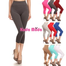 Women's Solid Color Seamless Wide Waistband Capri Leggings