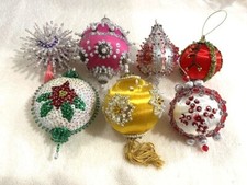 Lot 12 - 7 Hand Made Vintage Beaded Christmas Ornaments-Lace-Satin-Pearls-NICE 