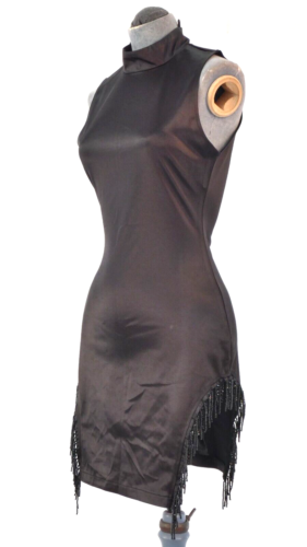 Sukienka imprezowa Czarna Bodycon Satynowe frędzle Odzież klubowa UK 8 Pretty Little Thing Fabrycznie nowa z metką - Zdjęcie 1 z 15