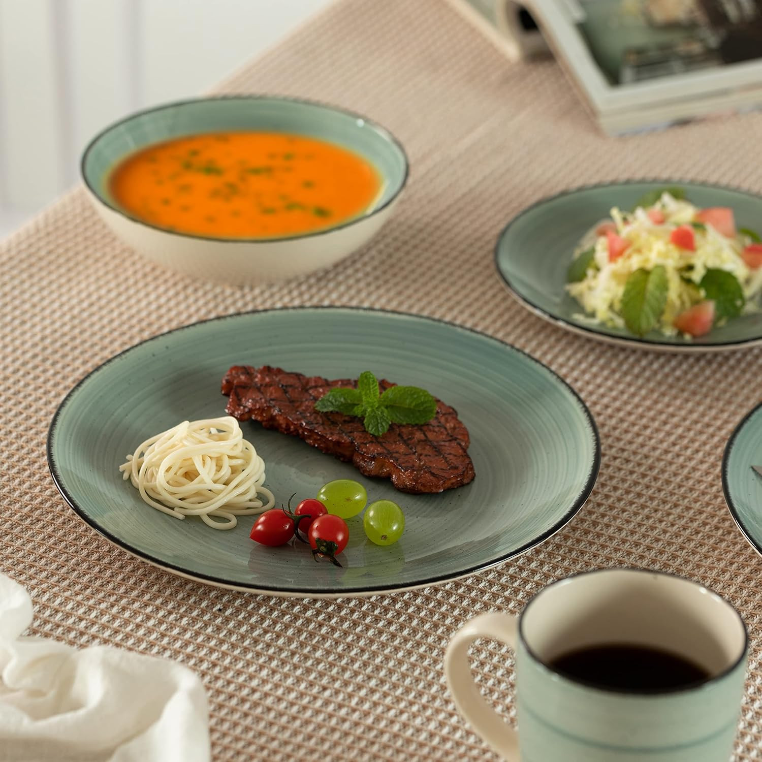 Rimmed Dinnerware Set | Mugs, Salad and Dinner Plates and Bowls Sets, Dishes wit