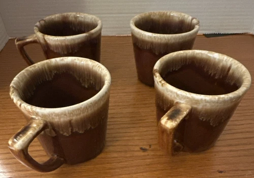 Kathy Kale Pottery Brown Drip Coffee Mugs 3.5”. Set Of 4