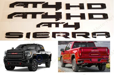 4PCS Gloss Black Door Rear AT4 HD SIERRA Emblems Fit GMC Sierra 2500HD 3500HD