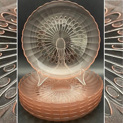 Libbey Glassware Pink 6 Piece Bouquet Coupe Salad/Lunch Plates c1960s USA 9''dia