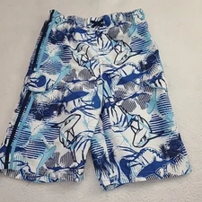 OP Ocean Pacific Boys Large 10-12 Board Shorts Blue Shark Graphics Swim Trunks