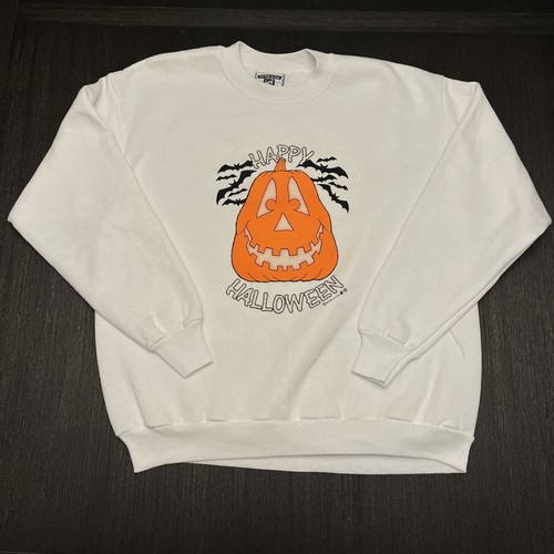 Vintage Happy Halloween Kürbis Fledermäuse Sweatshirt Gr. L Orange Schwarz Made in USA