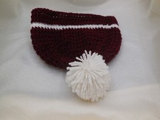 New Hand Crocheted Beanie Skull Cap, Maroon with White Stripe  Bobble 22" NWT