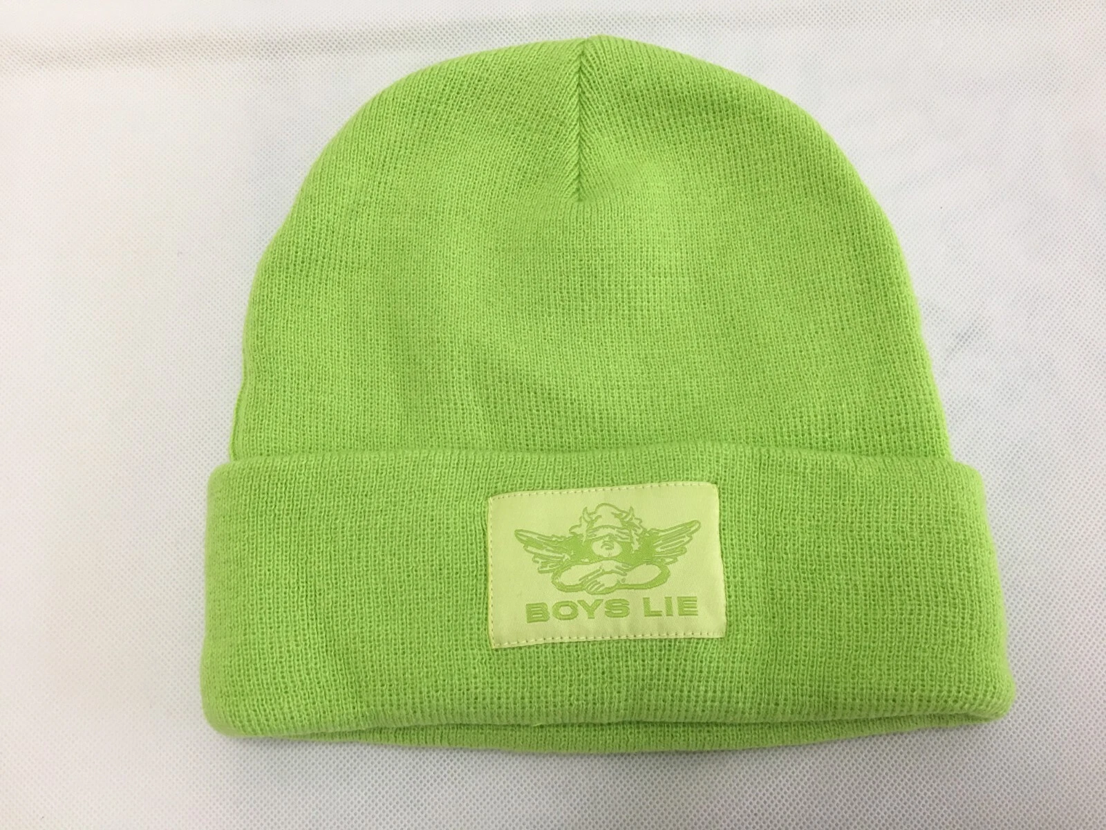 Boys Lie Angel Patch Logo Cuffed Acryl Beanie Hat Lime Green Color