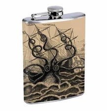 Flask Kraken 2A 8oz Stainless Steel Sea Monster Attacking Ship Vintage Style