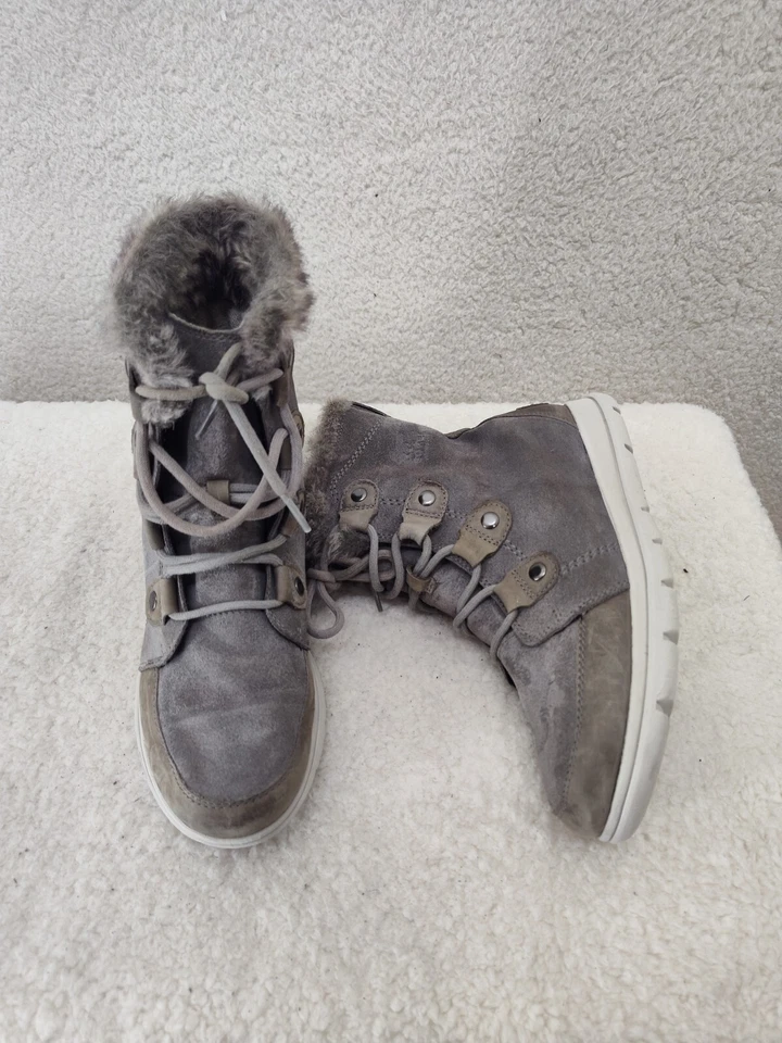 Sorel Explorer Joan Mujer Botas 9.5 Gris Gamuza Con Cordones Forrado Tobillo Plano Zapato Foto 4 de 4