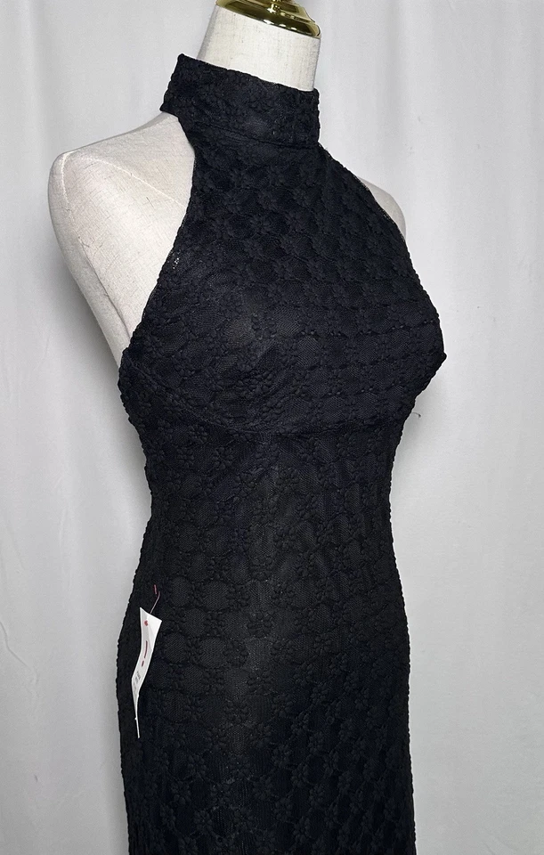 Bardot Maxi Gown Dress Large Sleeveless High Neck Halter Open Back Lace Black - Image 3 of 4