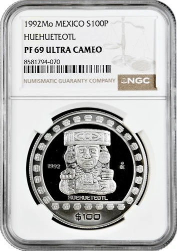 Mexico 100 pesos 1992 Mo, NGC PF69 UC, "Pre-Columbian - Huehueteotl" silver coin