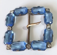 Vintage Square Brass Buckle w Blue Glass Stones  White Rhinestones 2.25"