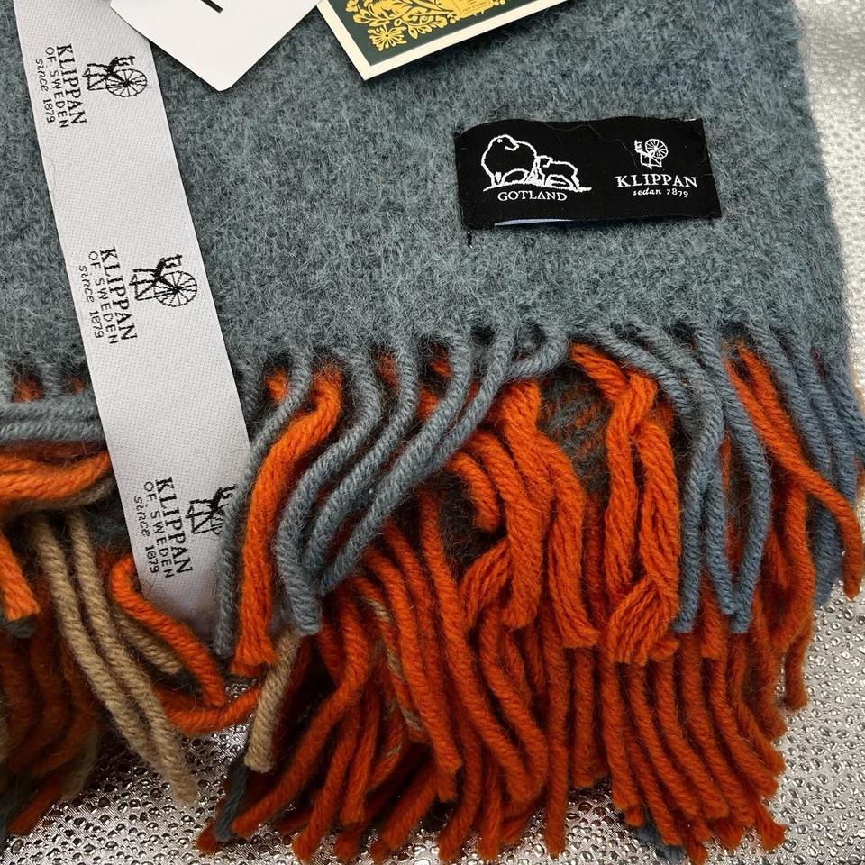 Manta a cuadros Klippan azul naranja marrón lana Suecia 51”x79” (130x200 cm) Foto 3 de 4