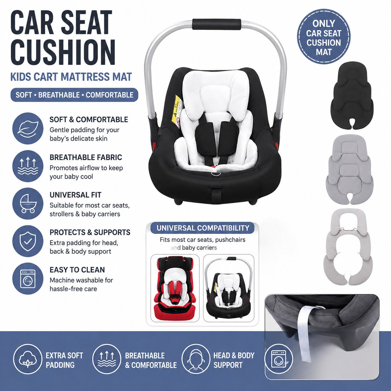 Cuscino Passeggino Inserto Seggiolino Auto Traspirante per Neonato Neonato Nero