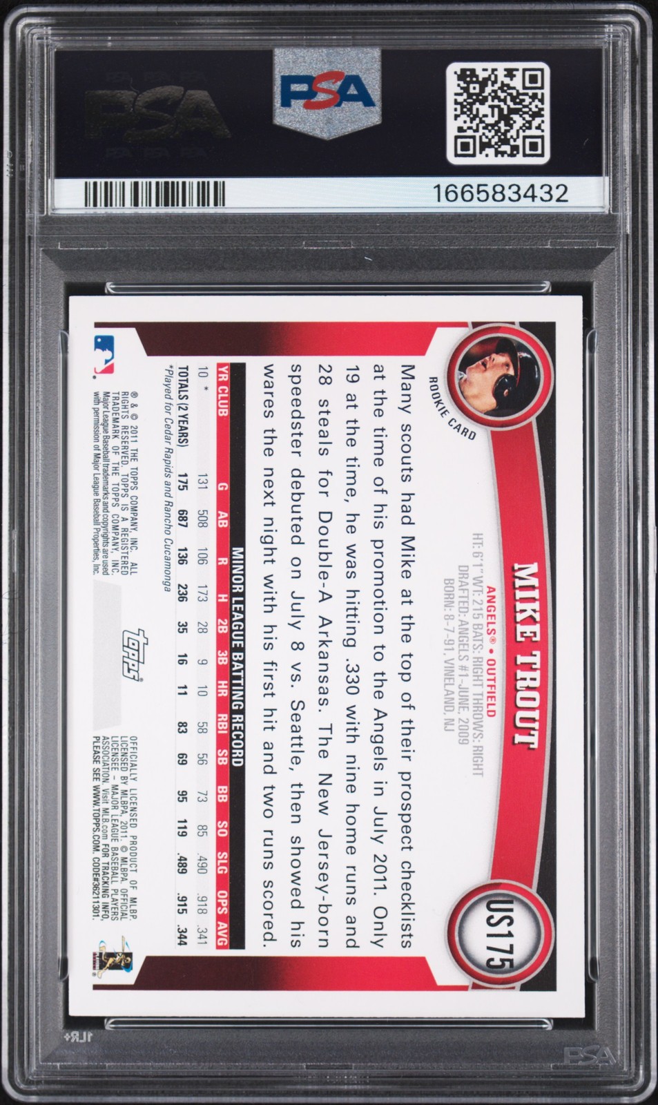 2011 TOPPS UPDATE #US175 MIKE TROUT ROOKIE RC PSA 9 DNA AUTO 10 view 2