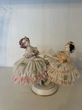 Pair of vintage German Dresden or Volkstedt porcelain lace ballerina figurines.